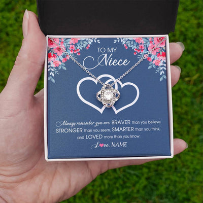Love Knot Necklace 14K White Gold Finish | Personalized To My Niece Necklace From Aunt Uncle Auntie Braver Stronger Smarter Loved Niece Pendant Jewelry Birthday Christmas Customized Message Card | teecentury