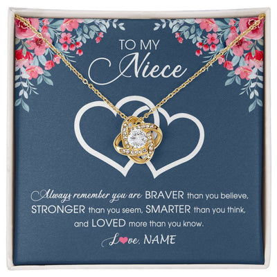 Love Knot Necklace 18K Yellow Gold Finish | Personalized To My Niece Necklace From Aunt Uncle Auntie Braver Stronger Smarter Loved Niece Pendant Jewelry Birthday Christmas Customized Message Card | teecentury