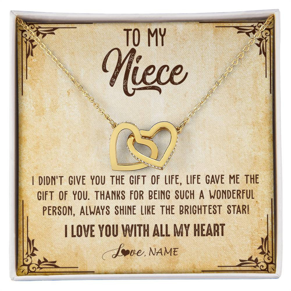 Interlocking Hearts Necklace 18K Yellow Gold Finish | 1 | Personalized To My Niece Necklace From Aunt Uncle Auntie I Love You With All My Heart Niece Birthday Christmas Jewelry Customized Gift Box Message Card | teecentury