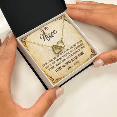 Interlocking Hearts Necklace 18K Yellow Gold Finish | 2 | Personalized To My Niece Necklace From Aunt Uncle Auntie I Love You With All My Heart Niece Birthday Christmas Jewelry Customized Gift Box Message Card | teecentury