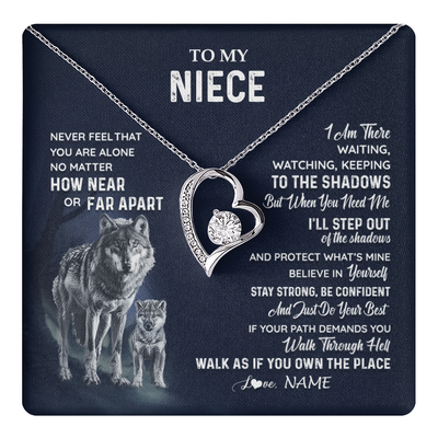 Forever Love Necklace 14K White Gold Finish | 1 | Personalized To My Niece Necklace From Aunt Uncle Auntie Never Feel You Are Alone Wolf Niece Birthday Graduation Christmas Customized Gift Box Message Card | teecentury