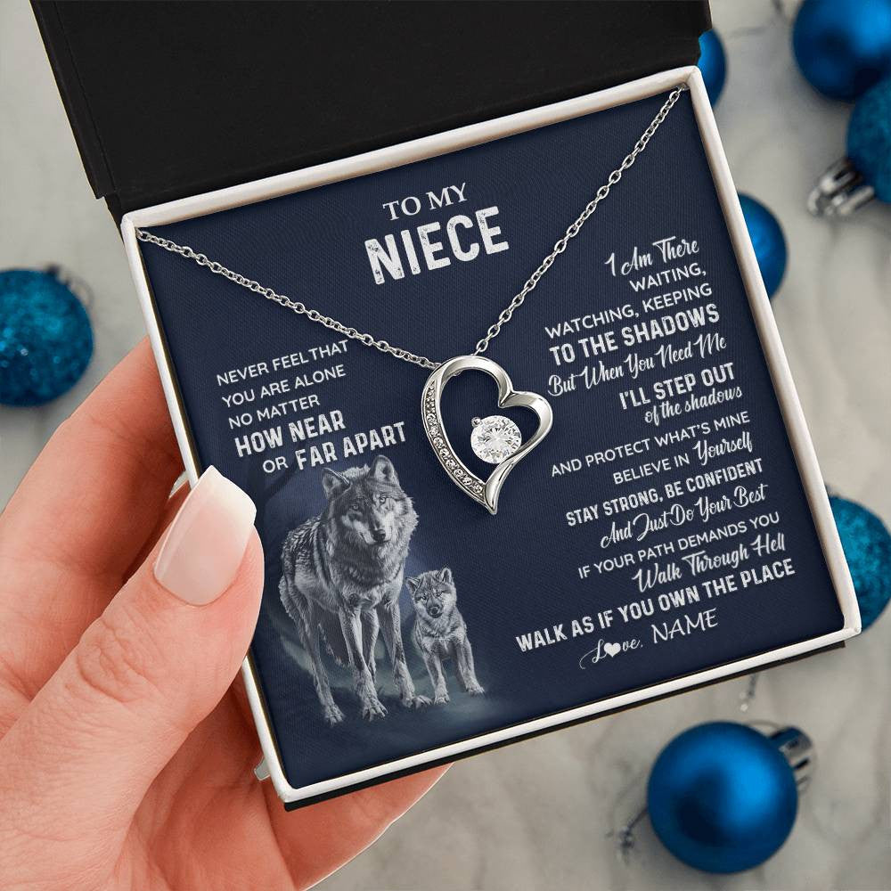 Forever Love Necklace 14K White Gold Finish | 2 | Personalized To My Niece Necklace From Aunt Uncle Auntie Never Feel You Are Alone Wolf Niece Birthday Graduation Christmas Customized Gift Box Message Card | teecentury