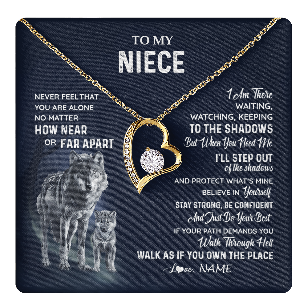 Forever Love Necklace 18K Yellow Gold Finish | 1 | Personalized To My Niece Necklace From Aunt Uncle Auntie Never Feel You Are Alone Wolf Niece Birthday Graduation Christmas Customized Gift Box Message Card | teecentury
