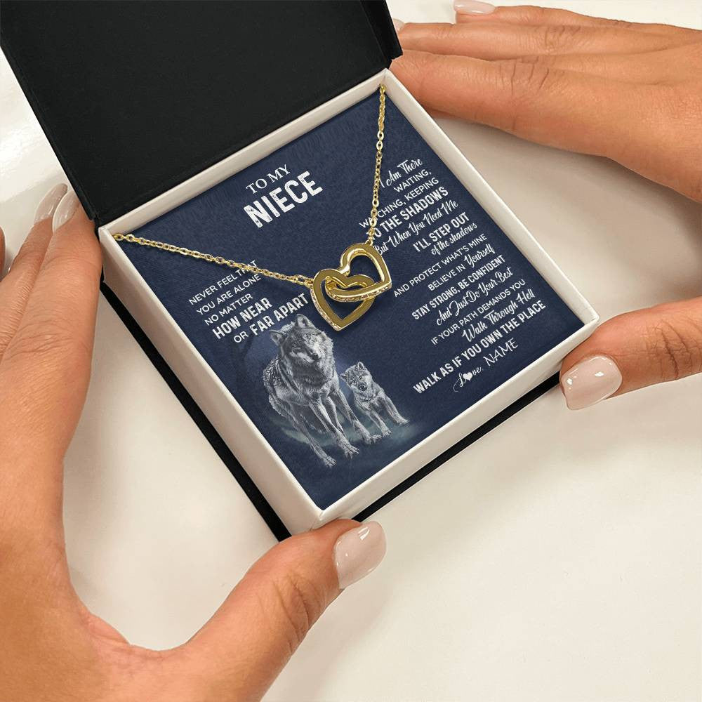 Interlocking Hearts Necklace 18K Yellow Gold Finish | 2 | Personalized To My Niece Necklace From Aunt Uncle Auntie Never Feel You Are Alone Wolf Niece Birthday Graduation Christmas Customized Gift Box Message Card | teecentury