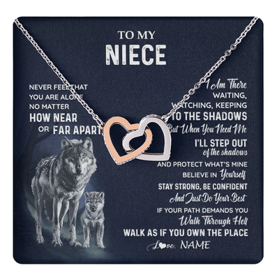 Interlocking Hearts Necklace Stainless Steel & Rose Gold Finish | 1 | Personalized To My Niece Necklace From Aunt Uncle Auntie Never Feel You Are Alone Wolf Niece Birthday Graduation Christmas Customized Gift Box Message Card | teecentury