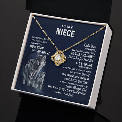 Love Knot Necklace 18K Yellow Gold Finish | 2 | Personalized To My Niece Necklace From Aunt Uncle Auntie Never Feel You Are Alone Wolf Niece Birthday Graduation Christmas Customized Gift Box Message Card | teecentury