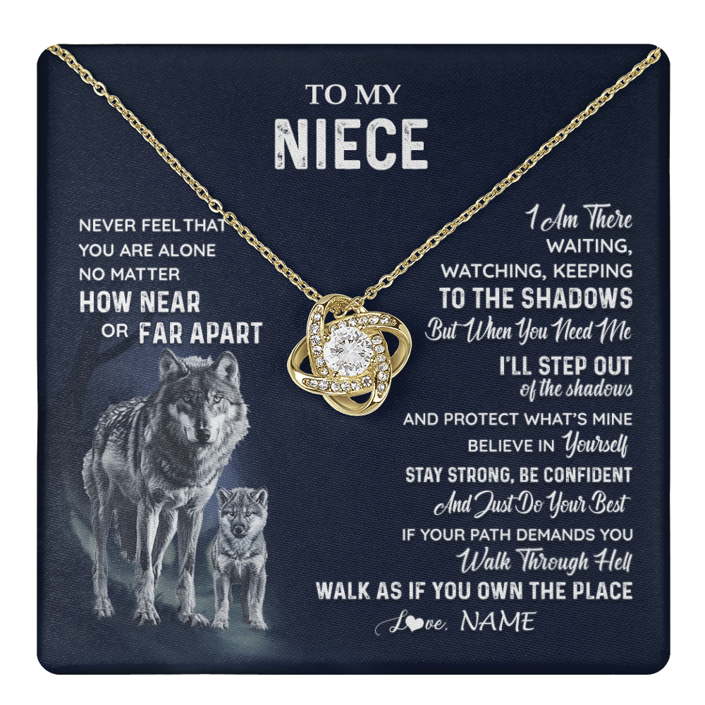 Love Knot Necklace 18K Yellow Gold Finish | 1 | Personalized To My Niece Necklace From Aunt Uncle Auntie Never Feel You Are Alone Wolf Niece Birthday Graduation Christmas Customized Gift Box Message Card | teecentury