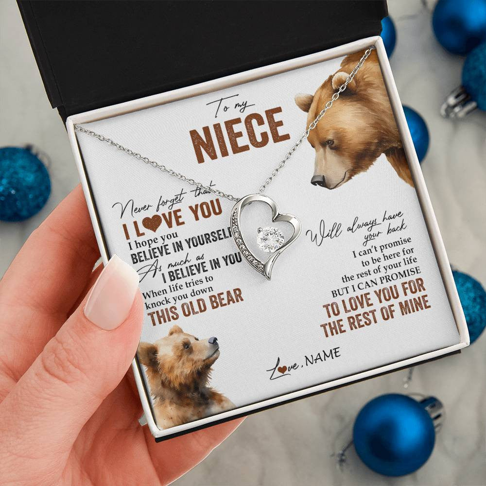 Forever Love Necklace 14K White Gold Finish | 2 | Personalized To My Niece Necklace From Aunt Uncle Auntie Never Forget That I Love You Bear Niece Birthday Graduation Christmas Customized Gift Box Message Card | teecentury
