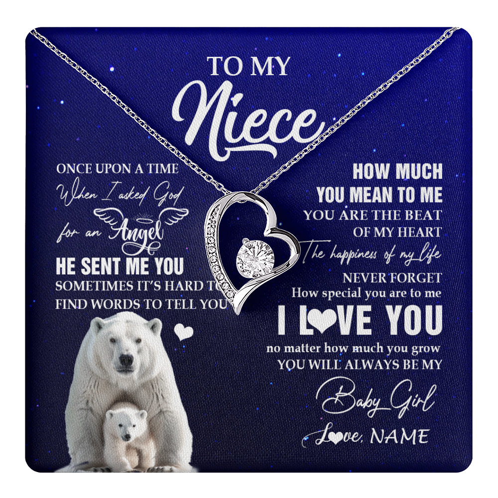 Forever Love Necklace 14K White Gold Finish | 1 | Personalized To My Niece Necklace From Aunt Uncle Auntie Polar Bear Never Forget I Love You Niece Birthday Christmas Jewelry Customized Gift Box Message Card | teecentury