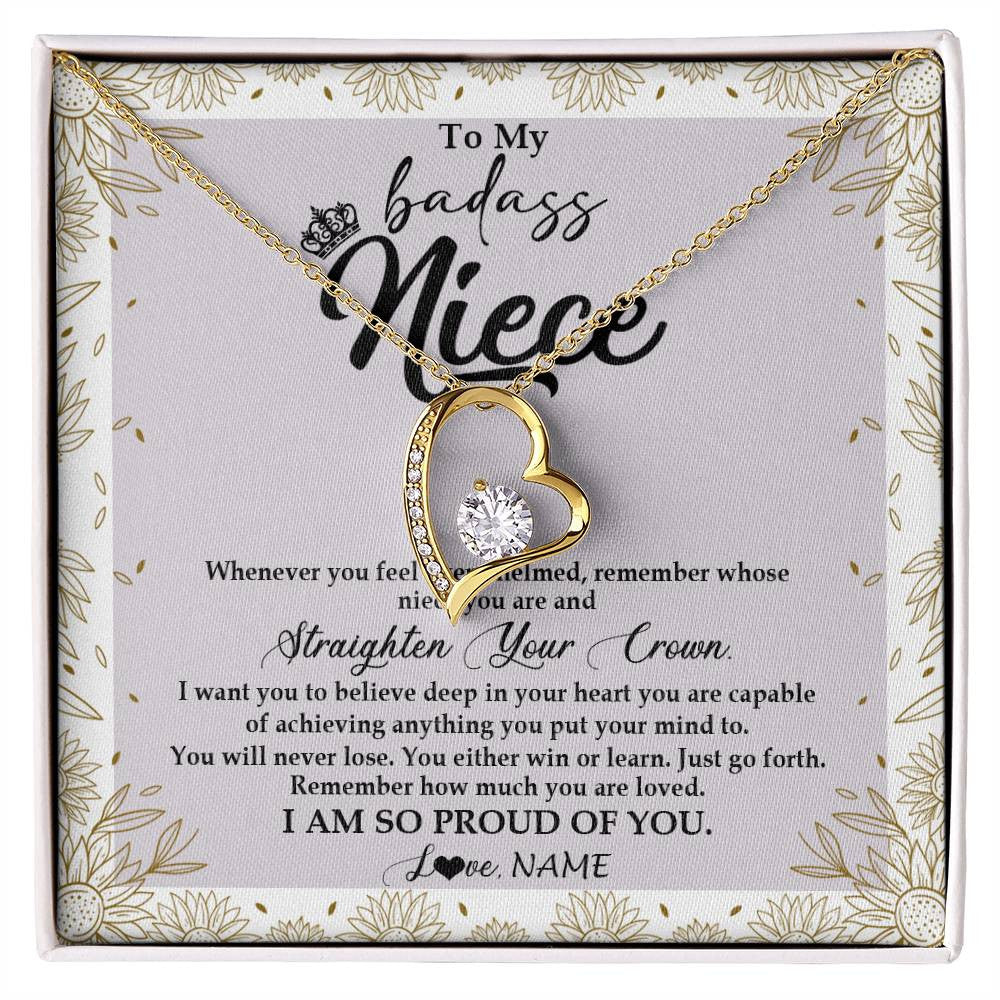 Forever Love Necklace 18K Yellow Gold Finish | Personalized To My Niece Necklace From Aunt Uncle Auntie Straighten Your Crown Niece Birthday Christmas Graduation Jewelry Customized Gift Box Message Card | teecentury