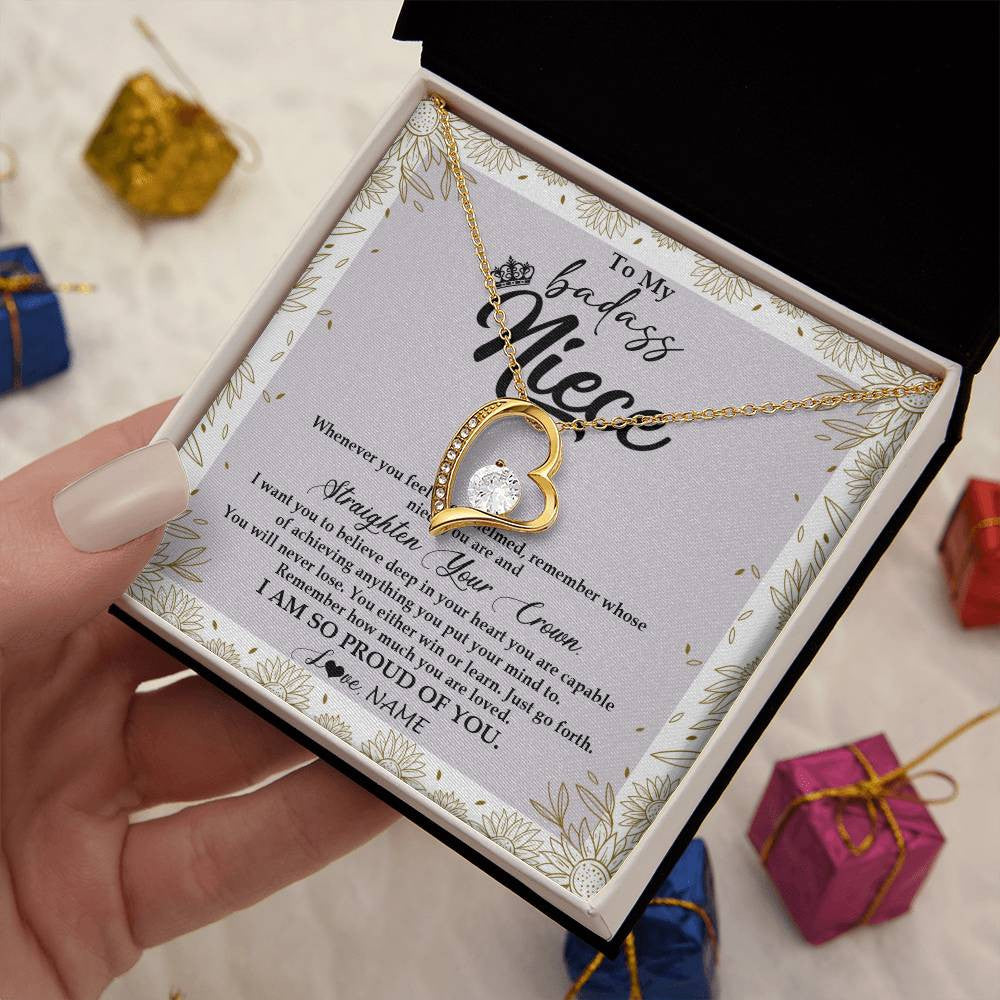 Forever Love Necklace 18K Yellow Gold Finish | Personalized To My Niece Necklace From Aunt Uncle Auntie Straighten Your Crown Niece Birthday Christmas Graduation Jewelry Customized Gift Box Message Card | teecentury