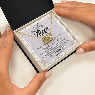 Interlocking Hearts Necklace 18K Yellow Gold Finish | Personalized To My Niece Necklace From Aunt Uncle Auntie Straighten Your Crown Niece Birthday Christmas Graduation Jewelry Customized Gift Box Message Card | teecentury
