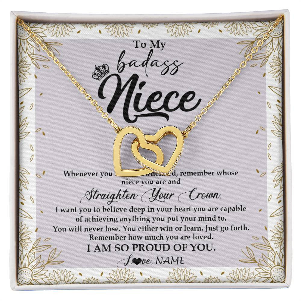 Interlocking Hearts Necklace 18K Yellow Gold Finish | Personalized To My Niece Necklace From Aunt Uncle Auntie Straighten Your Crown Niece Birthday Christmas Graduation Jewelry Customized Gift Box Message Card | teecentury