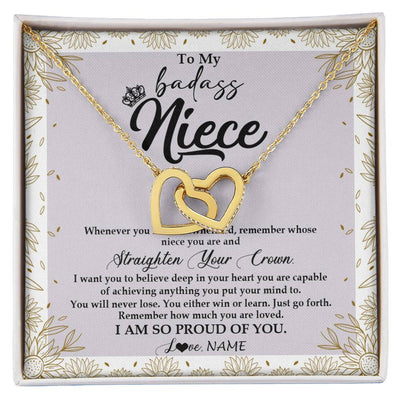 Interlocking Hearts Necklace 18K Yellow Gold Finish | Personalized To My Niece Necklace From Aunt Uncle Auntie Straighten Your Crown Niece Birthday Christmas Graduation Jewelry Customized Gift Box Message Card | teecentury
