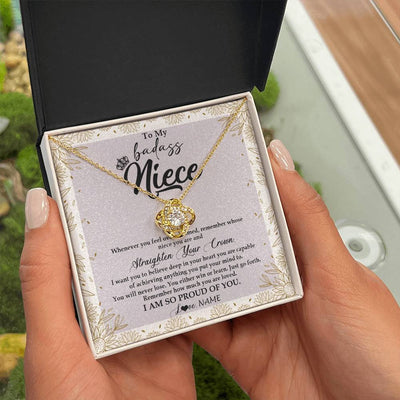 Love Knot Necklace 18K Yellow Gold Finish | Personalized To My Niece Necklace From Aunt Uncle Auntie Straighten Your Crown Niece Birthday Christmas Graduation Jewelry Customized Gift Box Message Card | teecentury