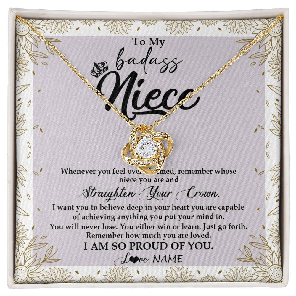 Love Knot Necklace 18K Yellow Gold Finish | Personalized To My Niece Necklace From Aunt Uncle Auntie Straighten Your Crown Niece Birthday Christmas Graduation Jewelry Customized Gift Box Message Card | teecentury