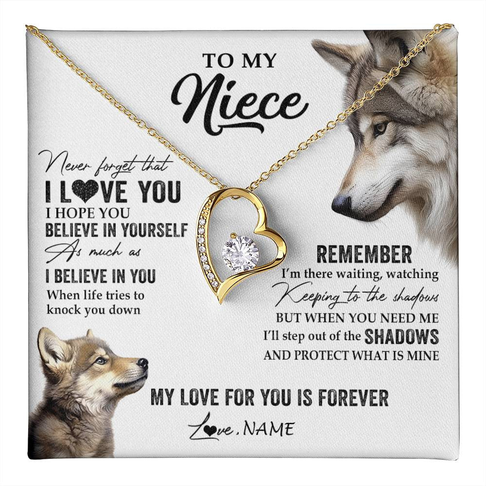 Forever Love Necklace 18K Yellow Gold Finish | 1 | Personalized To My Niece Necklace From Aunt Uncle Auntie Wolf My Love For You Is Forever Niece Birthday Graduation Christmas Customized Gift Box Message Card | teecentury