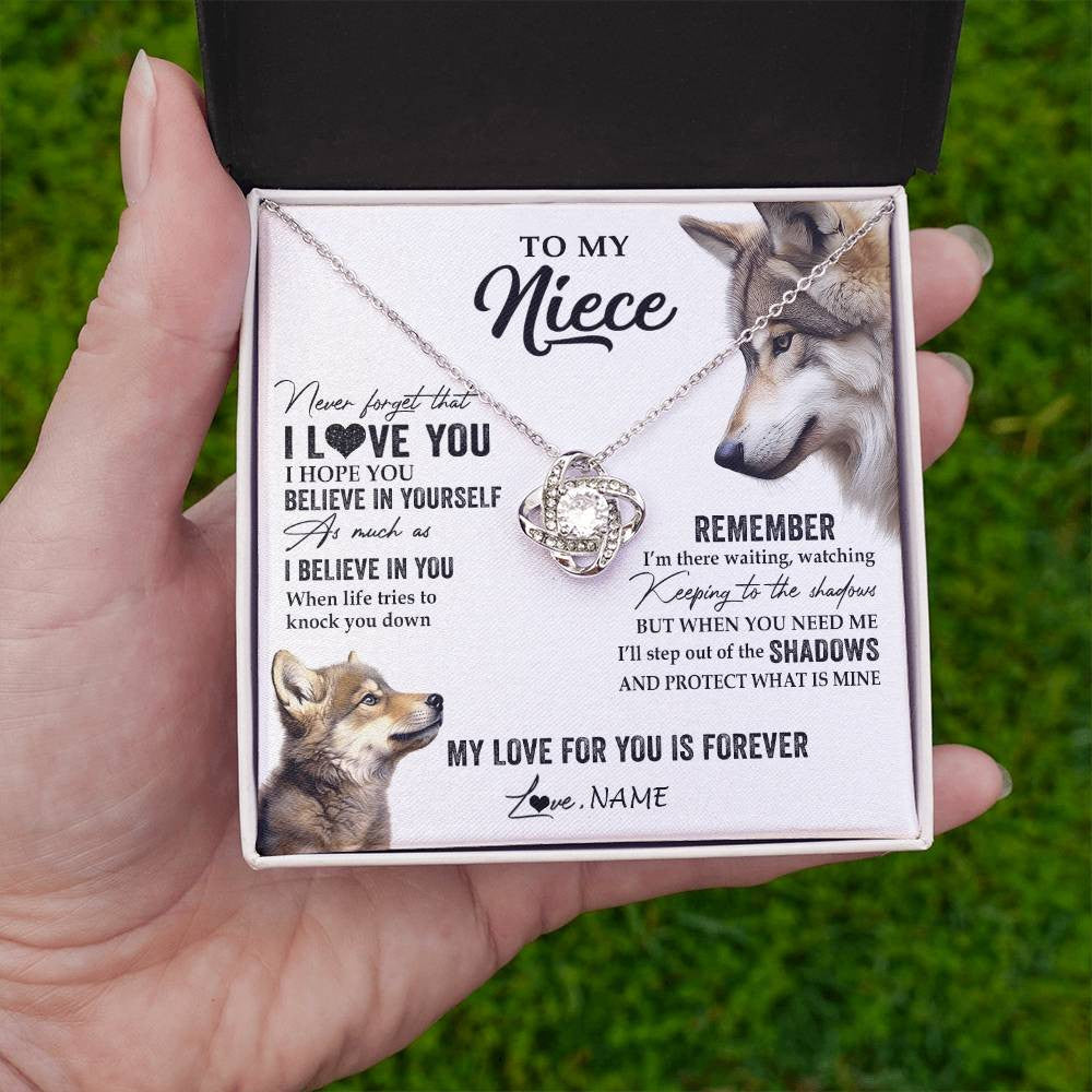 Love Knot Necklace 14K White Gold Finish | 2 | Personalized To My Niece Necklace From Aunt Uncle Auntie Wolf My Love For You Is Forever Niece Birthday Graduation Christmas Customized Gift Box Message Card | teecentury
