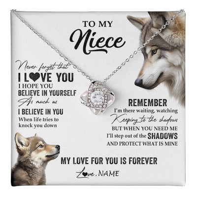 Love Knot Necklace 14K White Gold Finish | 1 | Personalized To My Niece Necklace From Aunt Uncle Auntie Wolf My Love For You Is Forever Niece Birthday Graduation Christmas Customized Gift Box Message Card | teecentury