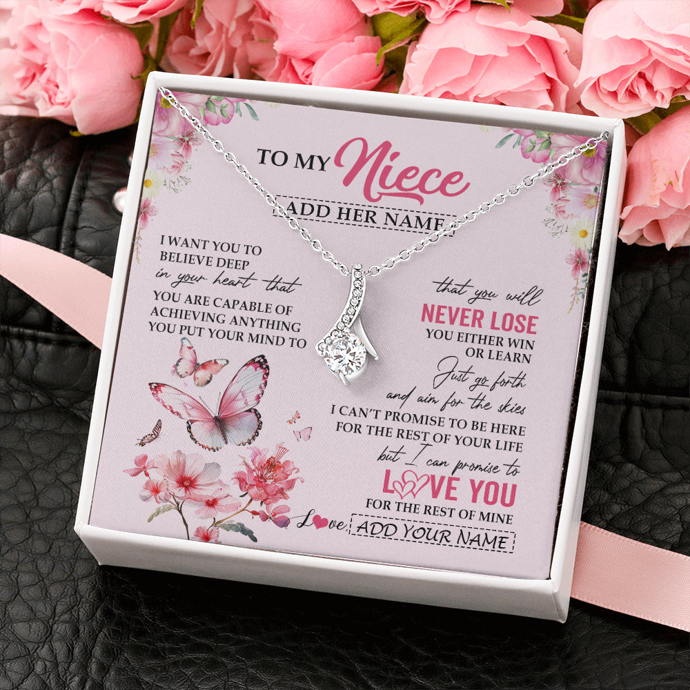Alluring Beauty Necklace 14K White Gold Finish | 2 | Personalized To My Niece Necklace From Aunt Uncle Auntie You Will Never Lose Butterfly Niece Birthday Gifts Graduation Christmas Custom Gift Box Message Card | teecentury