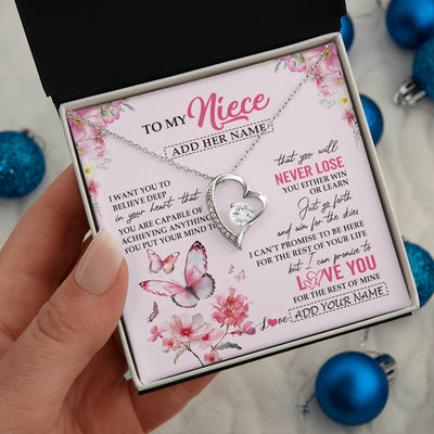 Forever Love Necklace 14K White Gold Finish | 2 | Personalized To My Niece Necklace From Aunt Uncle Auntie You Will Never Lose Butterfly Niece Birthday Gifts Graduation Christmas Custom Gift Box Message Card | teecentury
