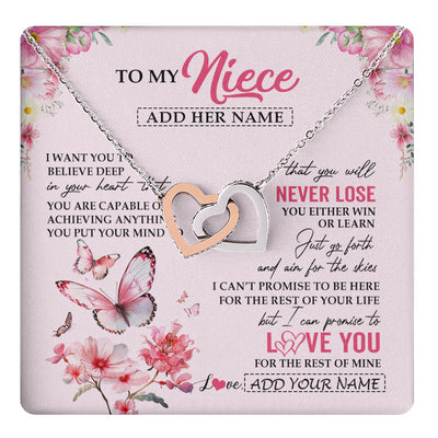 Interlocking Hearts Necklace Stainless Steel & Rose Gold Finish | 1 | Personalized To My Niece Necklace From Aunt Uncle Auntie You Will Never Lose Butterfly Niece Birthday Gifts Graduation Christmas Custom Gift Box Message Card | teecentury