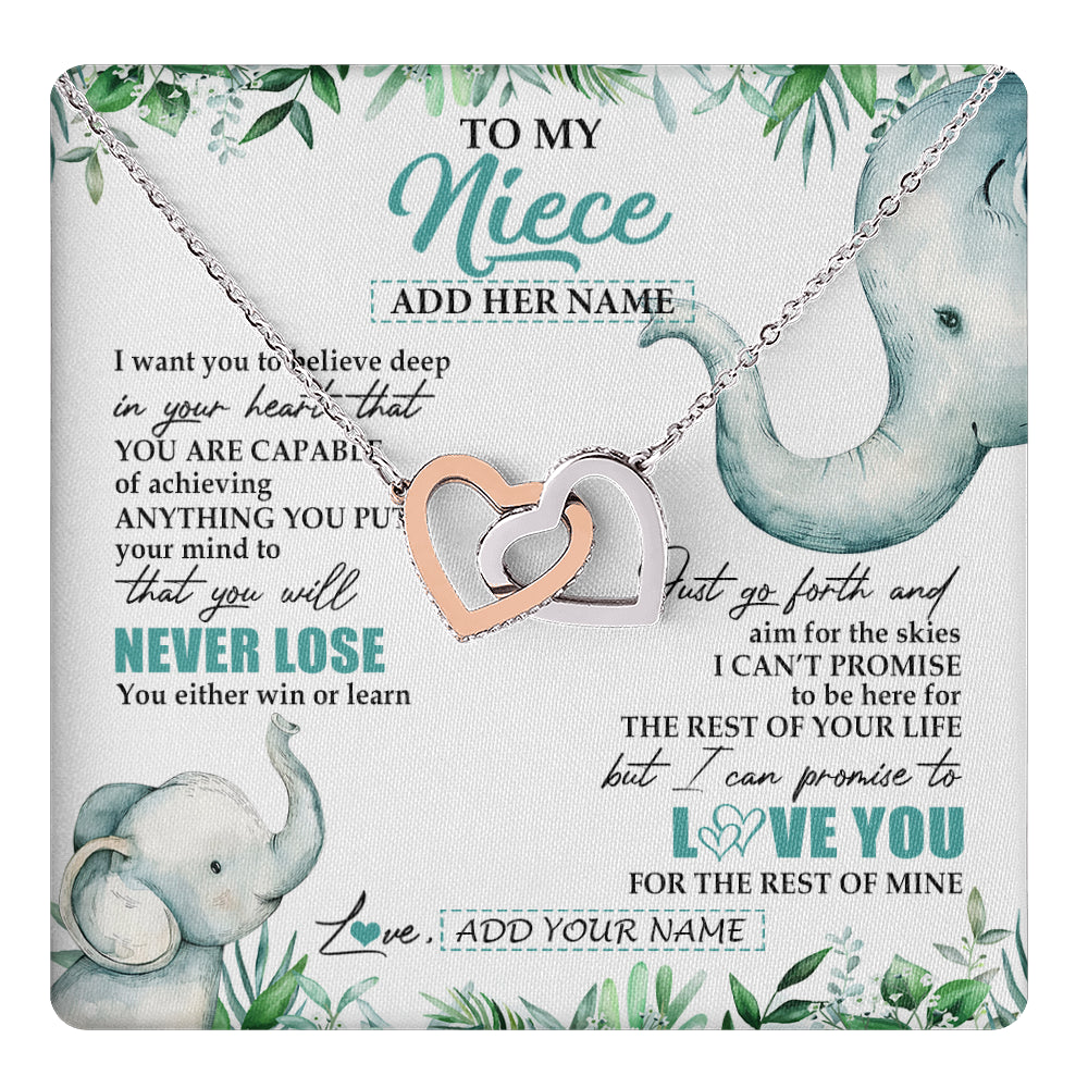 Interlocking Hearts Necklace Stainless Steel & Rose Gold Finish | 1 | Personalized To My Niece Necklace From Aunt Uncle Auntie You Will Never Lose Elephant Niece Birthday Gifts Graduation Christmas Custom Gift Box Message Card | teecentury