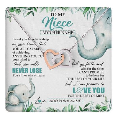Interlocking Hearts Necklace Stainless Steel & Rose Gold Finish | 1 | Personalized To My Niece Necklace From Aunt Uncle Auntie You Will Never Lose Elephant Niece Birthday Gifts Graduation Christmas Custom Gift Box Message Card | teecentury