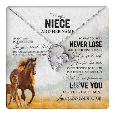 Forever Love Necklace 14K White Gold Finish | 1 | Personalized To My Niece Necklace From Aunt Uncle Auntie You Will Never Lose Horse Niece Birthday Gifts Graduation Christmas Customized Gift Box Message Card | teecentury