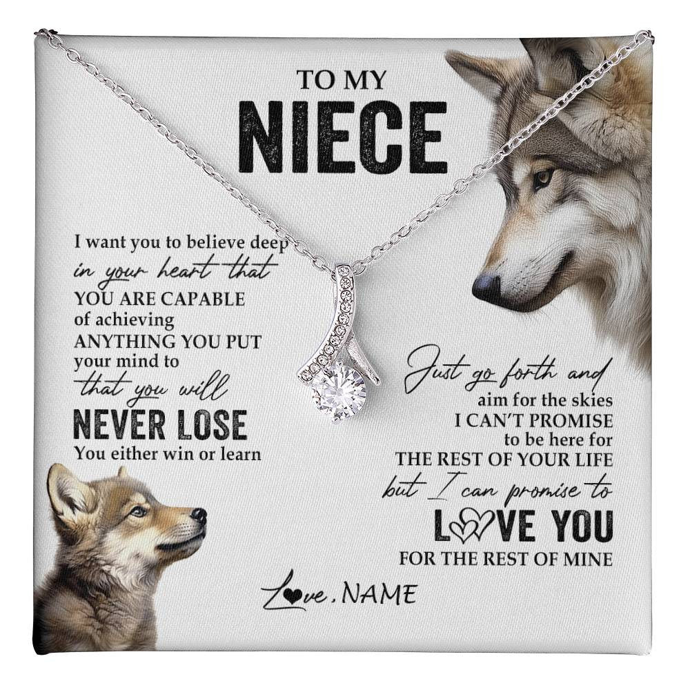 Alluring Beauty Necklace 14K White Gold Finish | 1 | Personalized To My Niece Necklace From Aunt Uncle Auntie You Will Never Lose Wolf Niece Birthday Graduation Christmas Customized Gift Box Message Card | teecentury