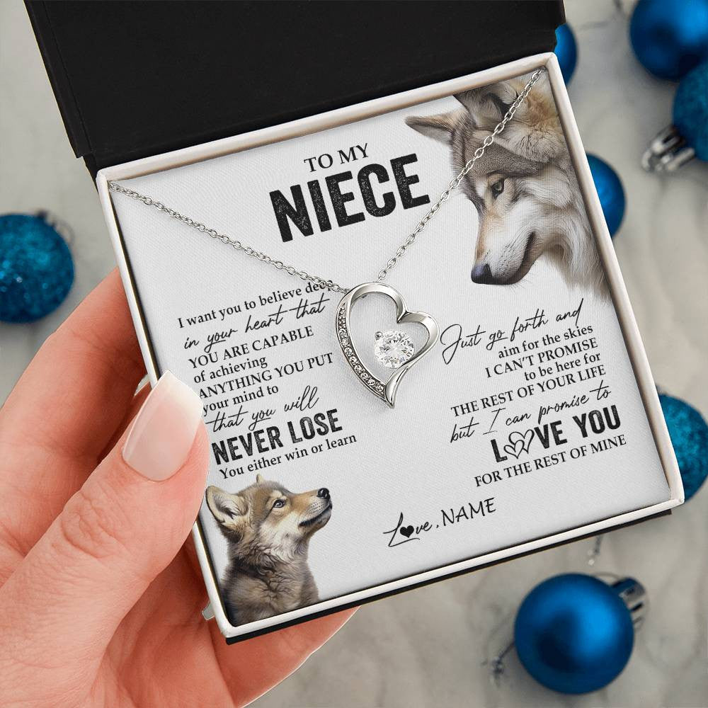Forever Love Necklace 14K White Gold Finish | 2 | Personalized To My Niece Necklace From Aunt Uncle Auntie You Will Never Lose Wolf Niece Birthday Graduation Christmas Customized Gift Box Message Card | teecentury