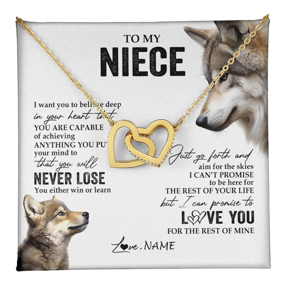 Interlocking Hearts Necklace 18K Yellow Gold Finish | 1 | Personalized To My Niece Necklace From Aunt Uncle Auntie You Will Never Lose Wolf Niece Birthday Graduation Christmas Customized Gift Box Message Card | teecentury