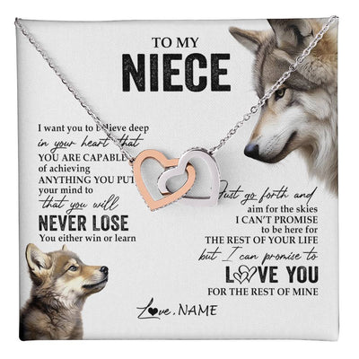 Interlocking Hearts Necklace Stainless Steel & Rose Gold Finish | 1 | Personalized To My Niece Necklace From Aunt Uncle Auntie You Will Never Lose Wolf Niece Birthday Graduation Christmas Customized Gift Box Message Card | teecentury