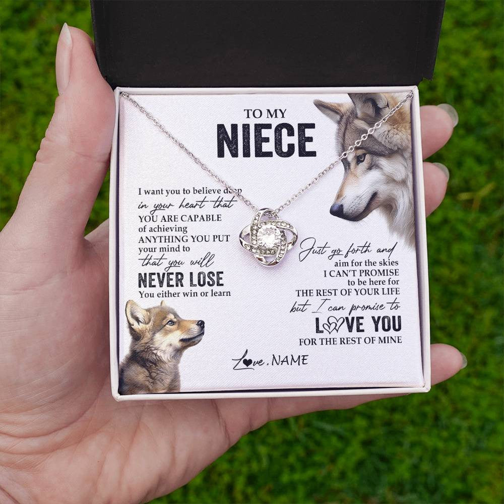 Love Knot Necklace 14K White Gold Finish | 2 | Personalized To My Niece Necklace From Aunt Uncle Auntie You Will Never Lose Wolf Niece Birthday Graduation Christmas Customized Gift Box Message Card | teecentury