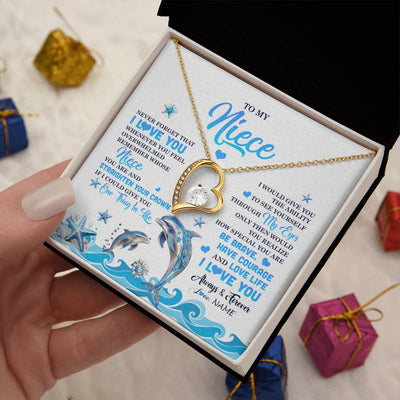 Forever Love Necklace 18K Yellow Gold Finish | 2 | Personalized To My Niece Necklace From Aunt Uncle Dophin Never Forget I Love You Niece Birthday Gifts Jewelry Christmas Customized Gift Box Message Card | teecentury