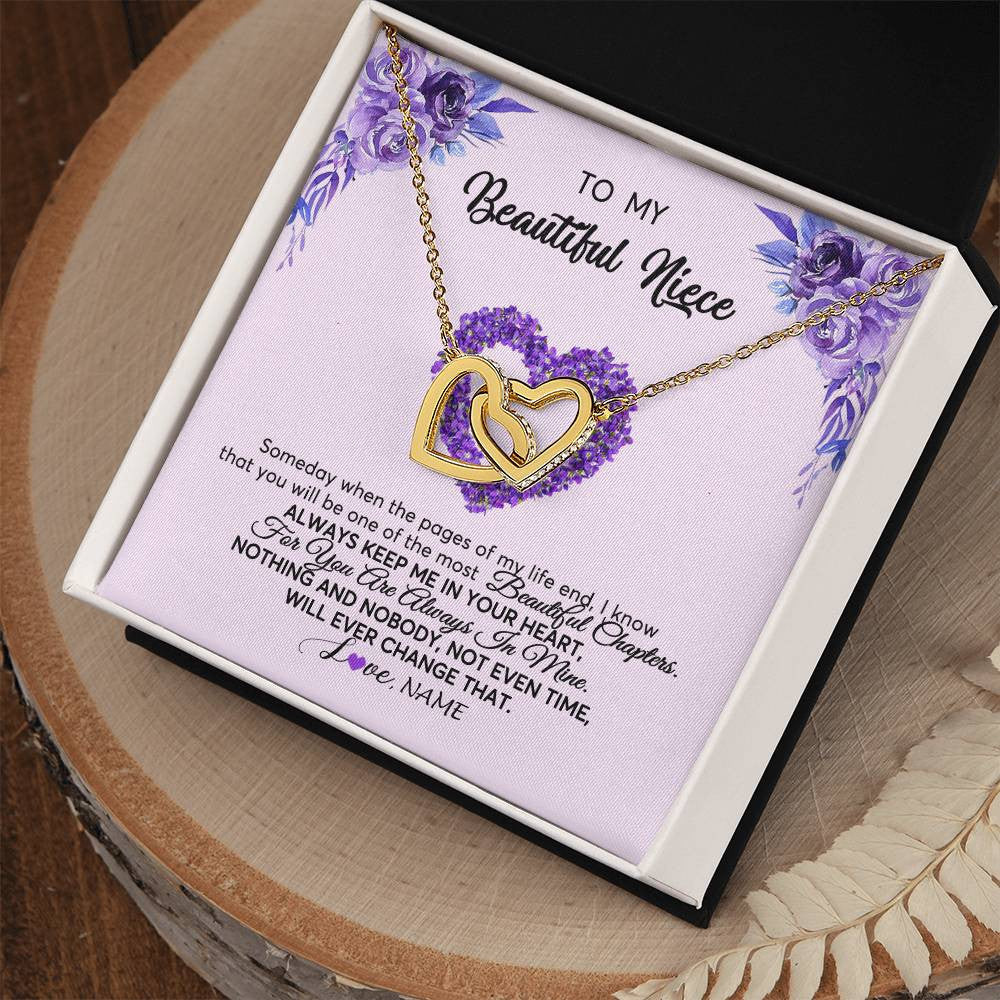 Interlocking Hearts Necklace 18K Yellow Gold Finish | Personalized To My Niece Necklace From Aunt Uncle Flower Always Keep Me In Your Heart Niece Jewelry Birthday Christmas Customized Gift Box Message Card | teecentury
