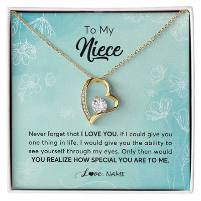 Forever Love Necklace 18K Yellow Gold Finish | Personalized To My Niece Necklace From Aunt Uncle Flower Never Forget I Love You Niece Jewelry Graduation Birthday Christmas Customized Gift Box Message Card | teecentury