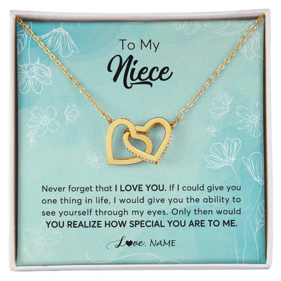 Interlocking Hearts Necklace 18K Yellow Gold Finish | Personalized To My Niece Necklace From Aunt Uncle Flower Never Forget I Love You Niece Jewelry Graduation Birthday Christmas Customized Gift Box Message Card | teecentury