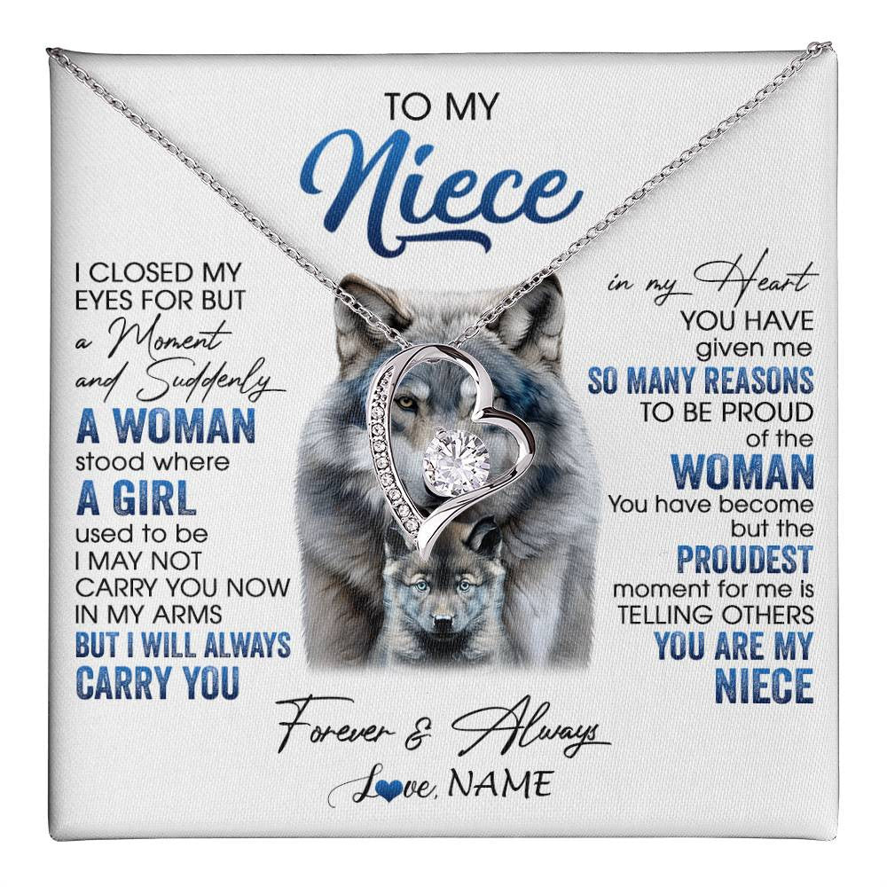 Forever Love Necklace 14K White Gold Finish | 1 | Personalized To My Niece Necklace From Aunt Uncle I Close My Eyes For But A Moment Wolf Niece Birthday Gifts Christmas Customized Gift Box Message Card | teecentury
