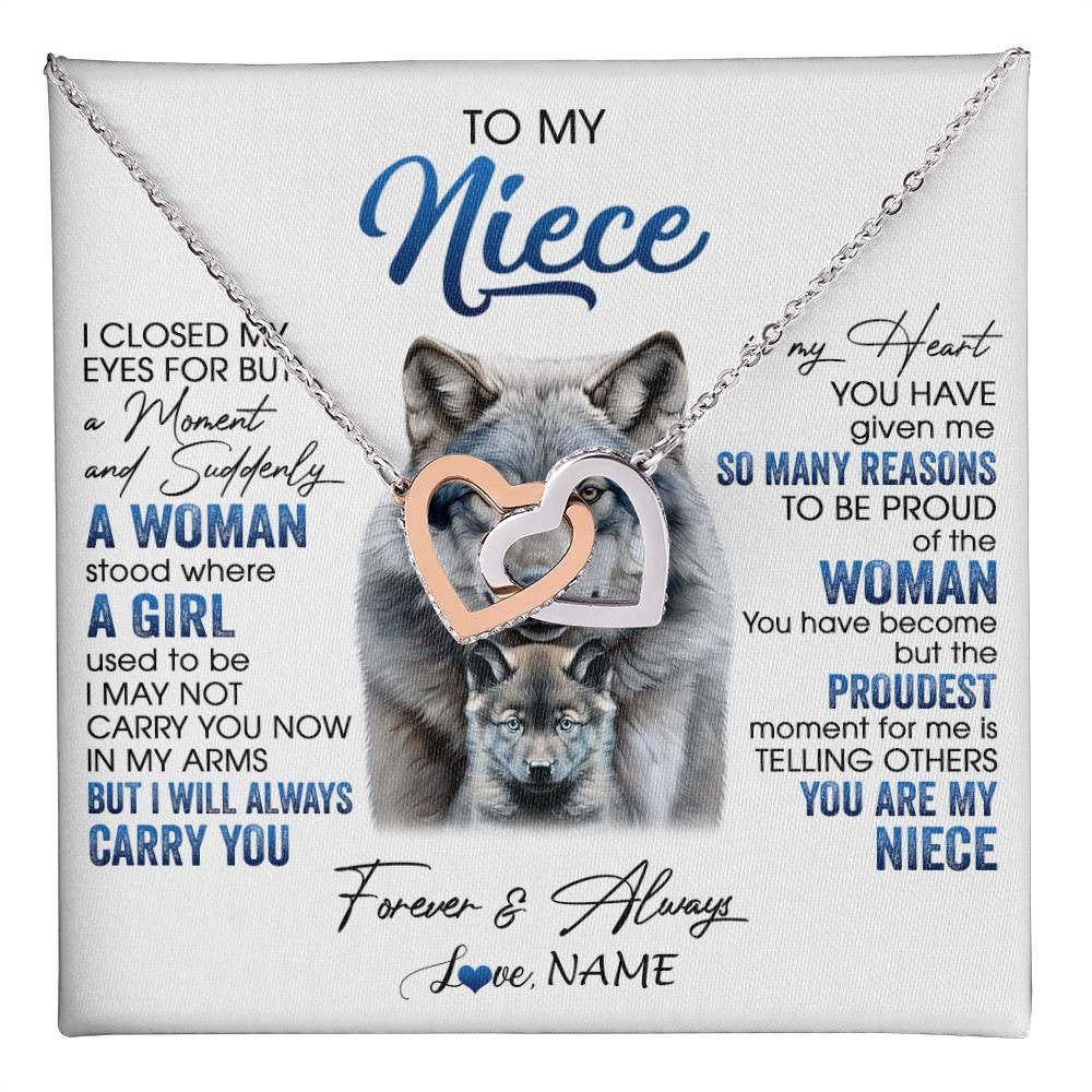 Interlocking Hearts Necklace Stainless Steel & Rose Gold Finish | 1 | Personalized To My Niece Necklace From Aunt Uncle I Close My Eyes For But A Moment Wolf Niece Birthday Gifts Christmas Customized Gift Box Message Card | teecentury