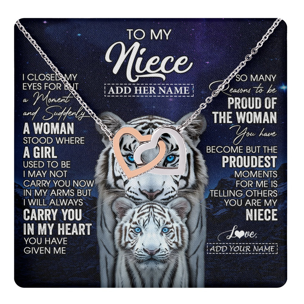 Interlocking Hearts Necklace Stainless Steel & Rose Gold Finish | 1 | Personalized To My Niece Necklace From Aunt Uncle I Close My Eyes White Tiger Niece Birthday Gift Graduation Christmas Custom Gift Box Message Card | https://teecentury.