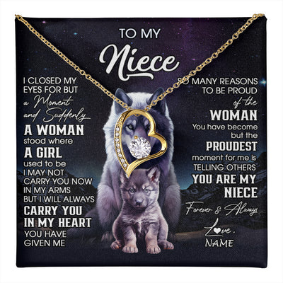 Forever Love Necklace 18K Yellow Gold Finish | 1 | Personalized To My Niece Necklace From Aunt Uncle I Close My Eyes Wolf Niece Birthday Gifts Jewelry Graduation Christmas Customized Gift Box Message Card | teecentury