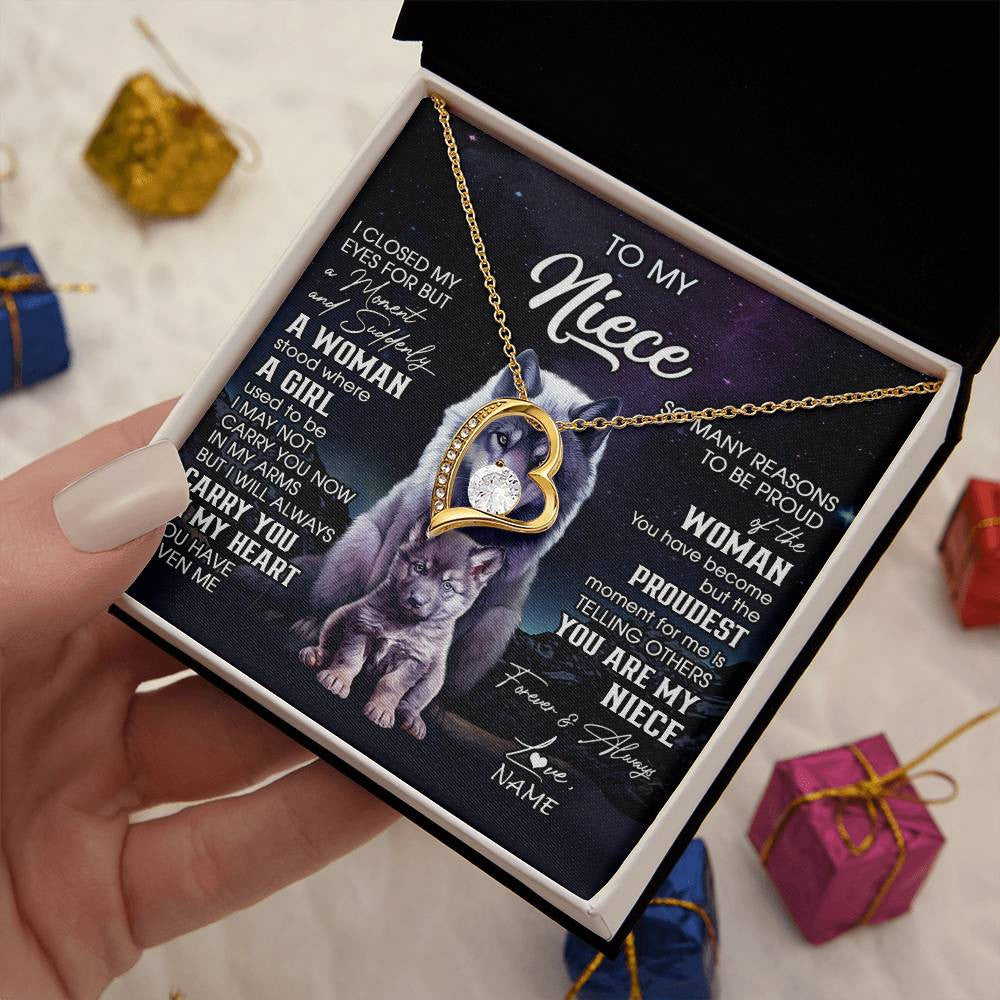 Forever Love Necklace 18K Yellow Gold Finish | 2 | Personalized To My Niece Necklace From Aunt Uncle I Close My Eyes Wolf Niece Birthday Gifts Jewelry Graduation Christmas Customized Gift Box Message Card | teecentury