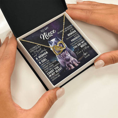 Interlocking Hearts Necklace 18K Yellow Gold Finish | 2 | Personalized To My Niece Necklace From Aunt Uncle I Close My Eyes Wolf Niece Birthday Gifts Jewelry Graduation Christmas Customized Gift Box Message Card | teecentury