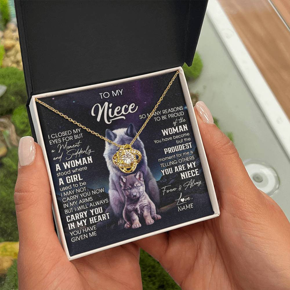 Love Knot Necklace 18K Yellow Gold Finish | 2 | Personalized To My Niece Necklace From Aunt Uncle I Close My Eyes Wolf Niece Birthday Gifts Jewelry Graduation Christmas Customized Gift Box Message Card | teecentury