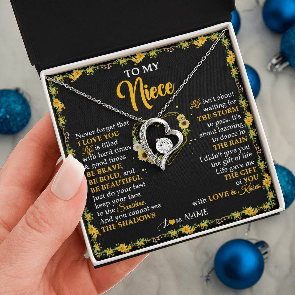 Forever Love Necklace 14K White Gold Finish | 2 | Personalized To My Niece Necklace From Aunt Uncle I Love You Sunflower Niece Jewelry Birthday Jewelry Graduation Christmas Customized Gift Box Message Card | teecentury