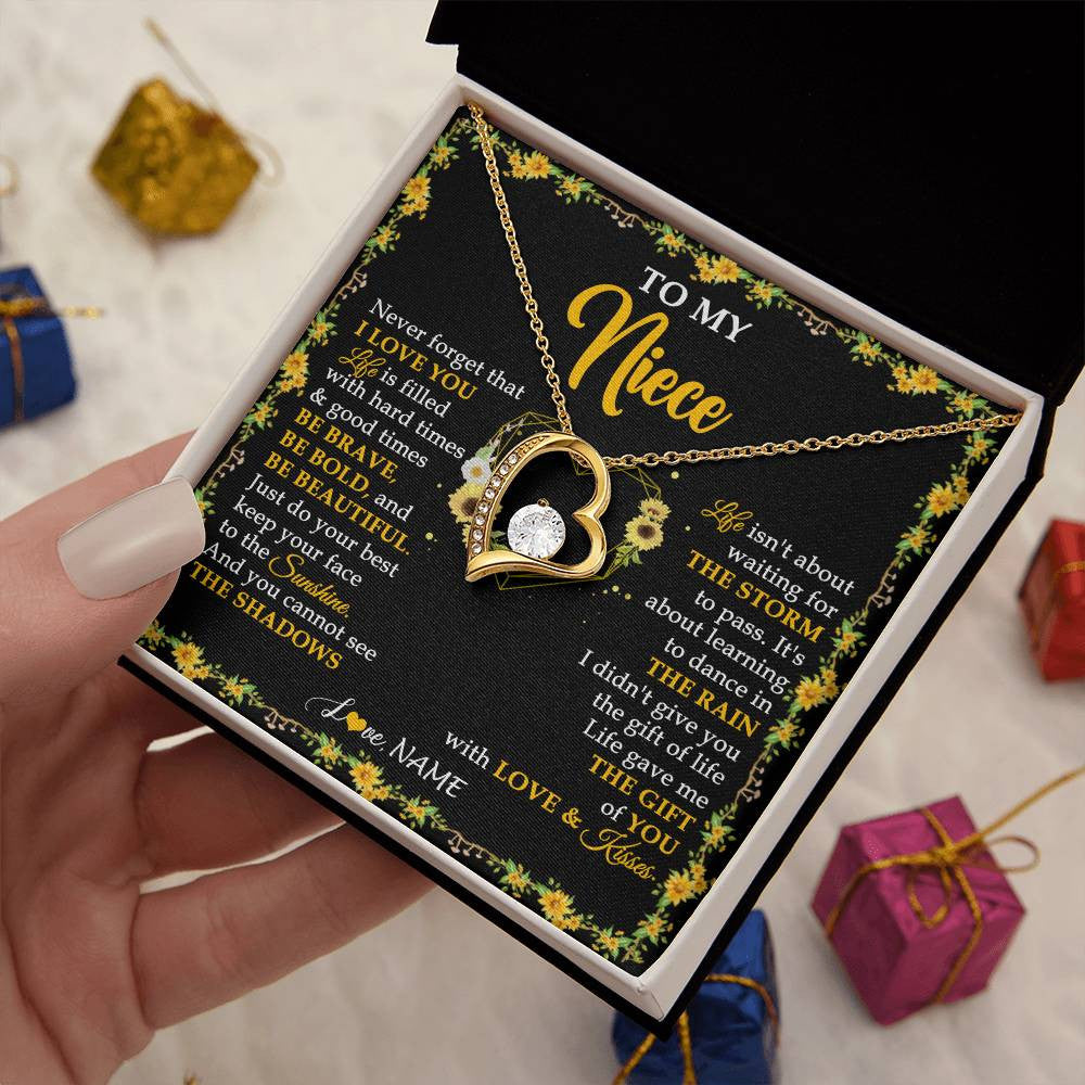 Forever Love Necklace 18K Yellow Gold Finish | 2 | Personalized To My Niece Necklace From Aunt Uncle I Love You Sunflower Niece Jewelry Birthday Jewelry Graduation Christmas Customized Gift Box Message Card | teecentury