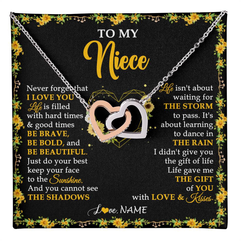 Interlocking Hearts Necklace Stainless Steel & Rose Gold Finish | 1 | Personalized To My Niece Necklace From Aunt Uncle I Love You Sunflower Niece Jewelry Birthday Jewelry Graduation Christmas Customized Gift Box Message Card | teecentury