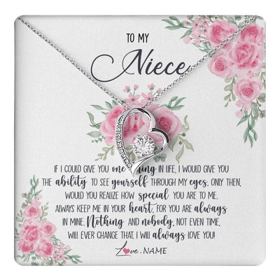 Forever Love Necklace 14K White Gold Finish | 1 | Personalized To My Niece Necklace From Aunt Uncle I Will Always Love You Niece Birthday Christmas Pendant Jewelry Customized Gift Box Message Card | https://teecentury.