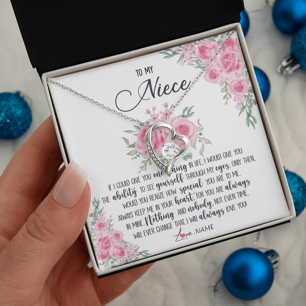 Forever Love Necklace 14K White Gold Finish | 2 | Personalized To My Niece Necklace From Aunt Uncle I Will Always Love You Niece Birthday Christmas Pendant Jewelry Customized Gift Box Message Card | https://teecentury.